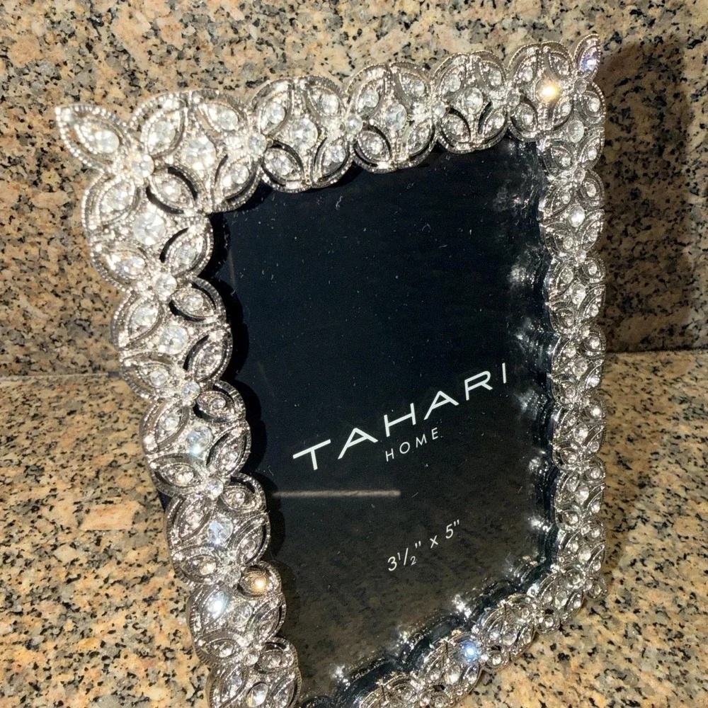 Tahari Home Picture Photo Frame 3.5x5 Silver Jeweled Floral Tabletop Decor